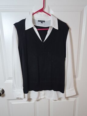Adrianna Papell Black and White Layered Blouse Vest Combo